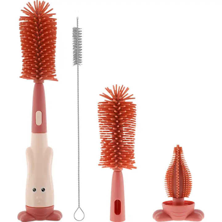 Set De Limpieza Para Botella De Bebé 3 En 1 Con Mango Único Cepillo De Silicona Para Botella Y Chupón Y Limpiador De Pajita Portátil Con Soporte - 1
