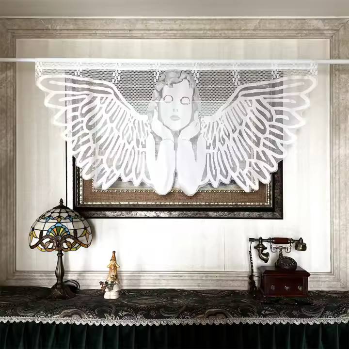 Enchufe Retro Blanco Angel Valance Para Decoración De Sala De Estar Cocina Café Translúcido De Tulle De Poliéster Jaquear Mediana Ventana - 1
