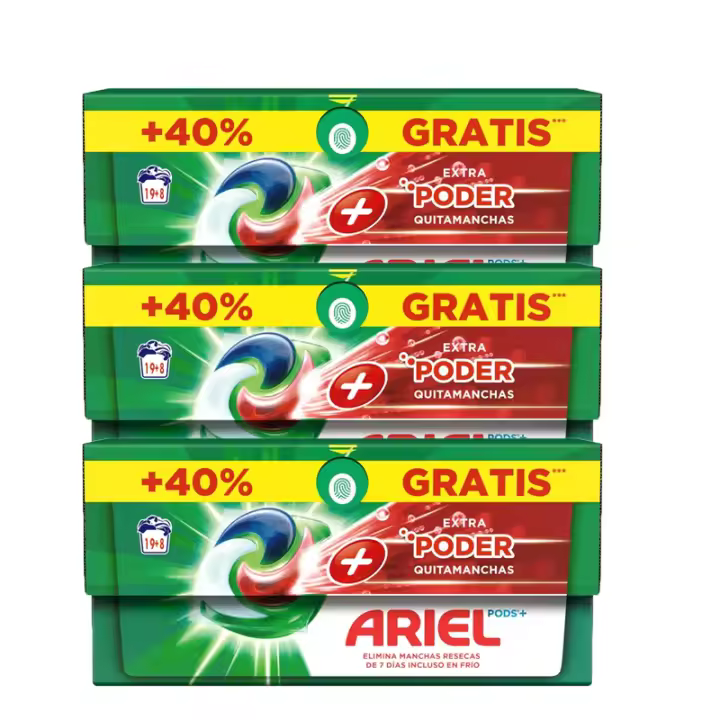 Pack De Ariel All-in-One Detergente Lavadora Líquido en Cápsulas/Pastillas,19+8 (81 o 135) Lavados, Más Poder Extra Quitamanchas, Limpieza Profunda - 1