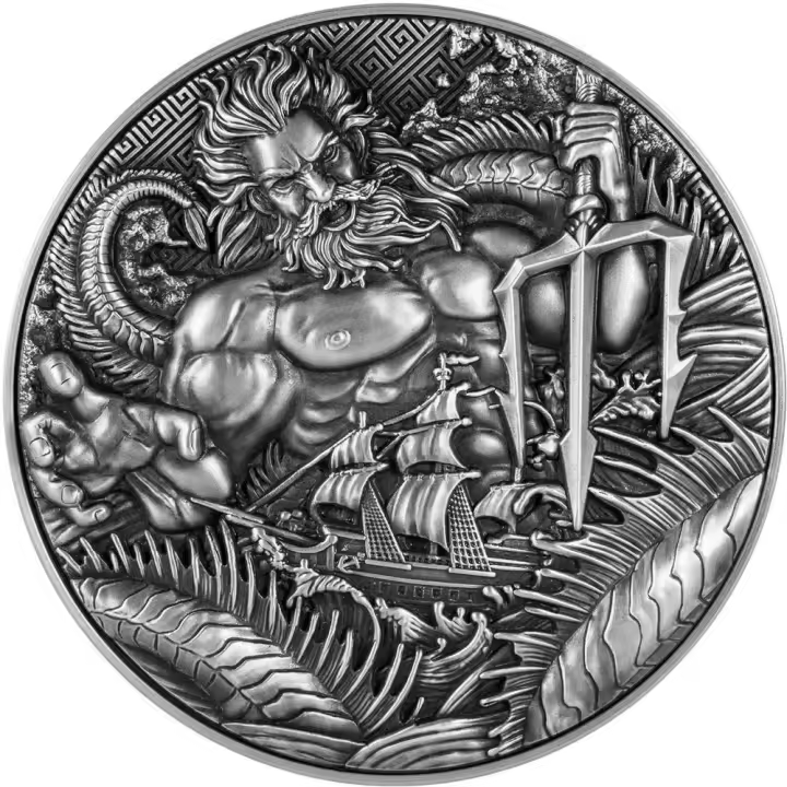 POSEIDON Dios del Mar 2 Oz Moneda Plata 10000 Francos Chad 2025 - 1