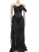 Beyprern Vestido Maxi De Fiesta Elegante Con Volantes Y Plumas Chiffon Mesh Transparente Sin Mangas Corte Suelto Para Mujer - details 0