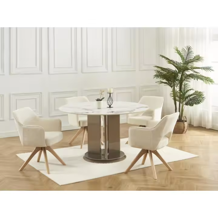 Vente-unique - Conjunto de 6 sillas giratorias con reposabrazos de tela y roble - Crema - KONYA - 1