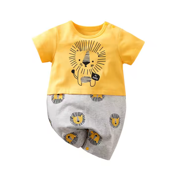 Bebé Niño Niña Nueva Casual Color Sólido Con Contraste Lindo León Cómodo Algodón Camiseta Corta Verano Jumpsuit Para Bebé - 1