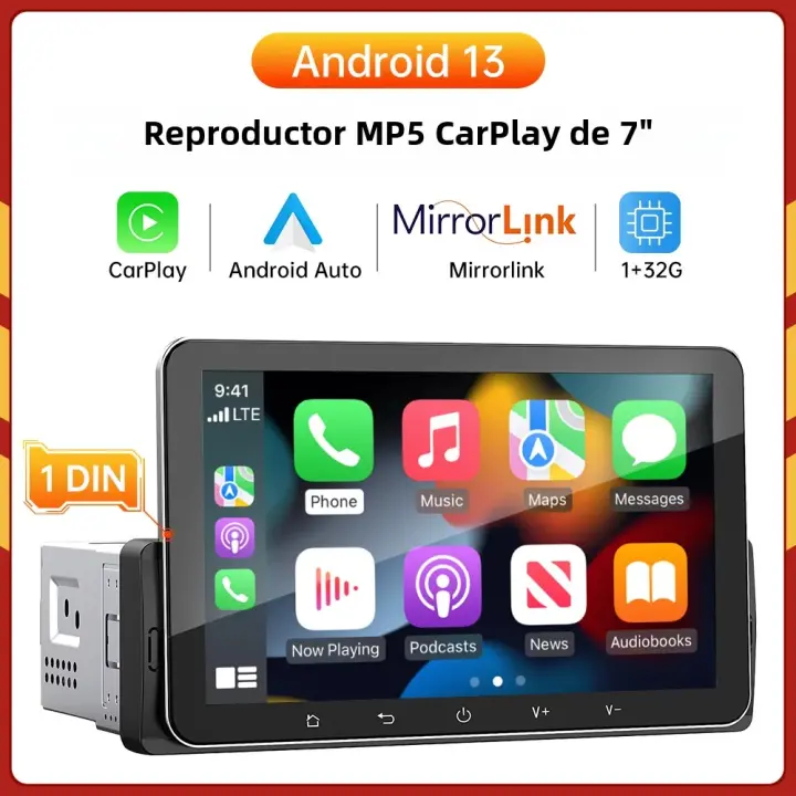 Reproductor Multimedia Para Coche 1Din 7'' LPS Pantalla CarPlay MP5 Android 13 Wifi 1G+32G Radio FM GPS Conectividad Mirror Link - 1