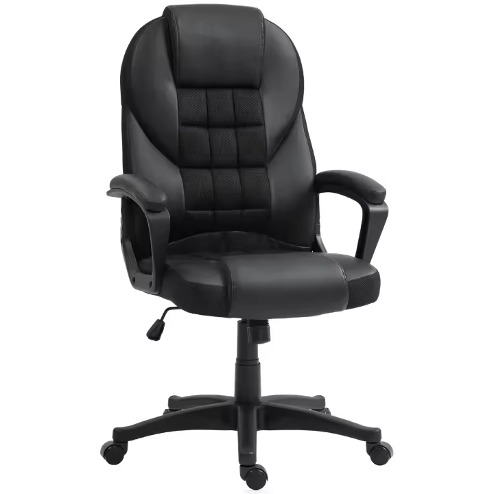 HOMCOM Silla de oficina ergonómica, silla de oficina, silla de ordenador ergonómica, con ajuste de altura, función de inclinación y asiento giratorio 360°, 65W x 69D x 110-120H cm, negro - 1