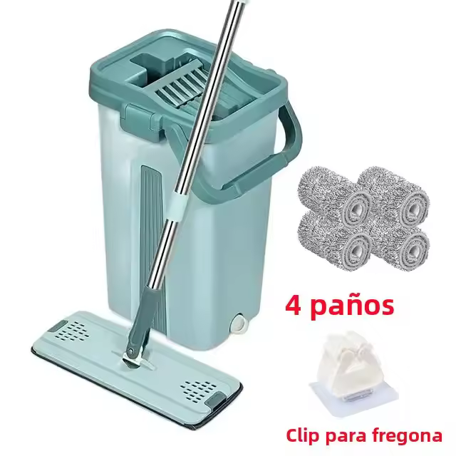 Fregona plana escurrible con cubo, manos libres, almohadillas de microfibra, uso húmedo o seco en laminado de madera dura - 1