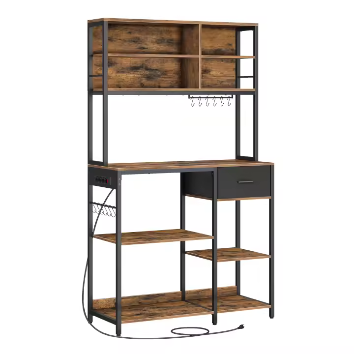 VASAGLE Estantería de Cocina con Multienchufe, Armario de Cocina con Estantes Ajustables, Cajón de Tela, 12 Ganchos, Estante para Microondas, Marrón Rústico y Negro Tinta - 1