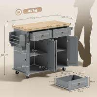 HOMCOM Isla de Cocina con Ruedas Carro de Cocina con 2 Cajones 4 Puertas Especiero Encimera de Madera Estante Ajustable y Barra Lateral para Comedor 111x44,5x82,5 cm Gris - details 2
