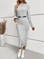 Vestido Midi De Cuello Redondo Para Mujer Elegante Y Moderno Con Ribbed Detalle En Glúteos Estilo Casual Polyester A-Line - details 4