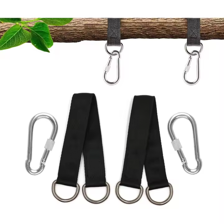 Cinturón colgante para columpio, equipado con 2 hebillas de montañismo y anillos en D, cinturón de hamaca pesado ajustable, adecuado para hamaca de camping con columpio de árbol. - 1