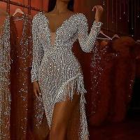 Women's Party Dress Tassel Dress Sequin Dress Maxi Gold Long Sleeves Solid Color Sequin Winter Autumn Deep V Party Winter Dress - details 2
