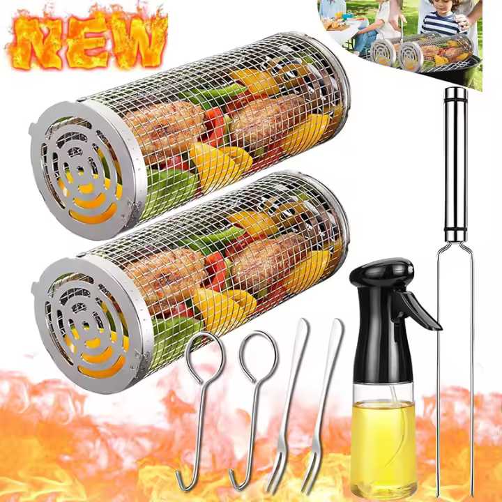 Cesta De Barbacoa En Acero Inoxidable Con Red De Alambre Recipiente Redondo Portátil Para Asado Al Aire Libre Camping - 1