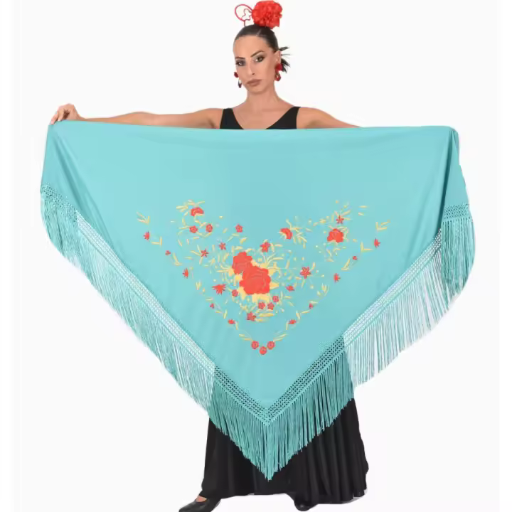 Mantón grande verde agua bordado en tonos rojo y oro Anuka - 1