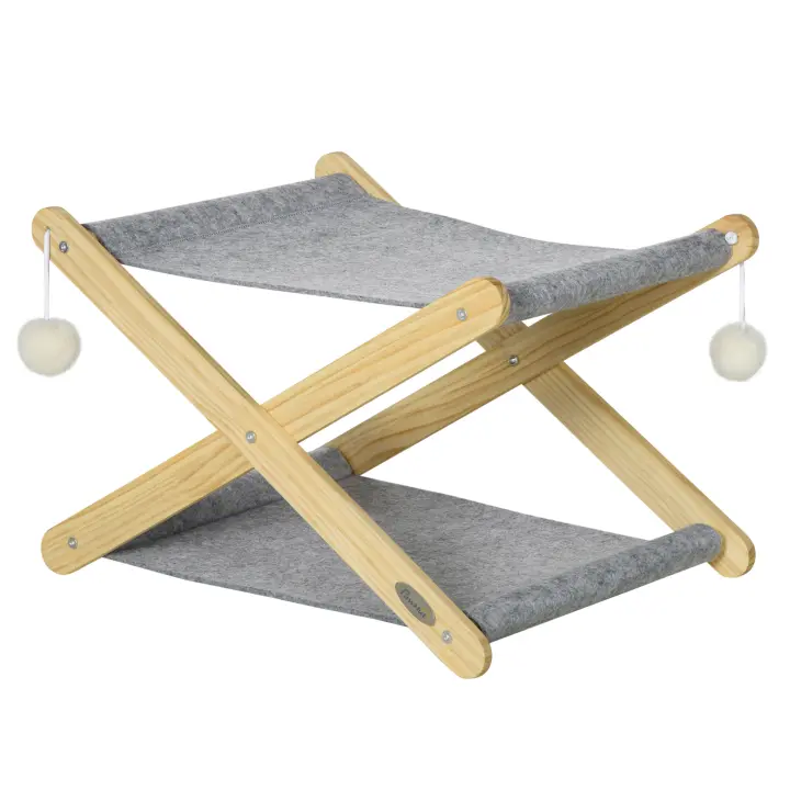 PawHut Cama para gatos con estructura de 2 niveles, cama para mascotas, pelota de juguete, cama plegable para perros, interior, madera de pino natural + gris, 52 x 42 x 33,5 cm - 1