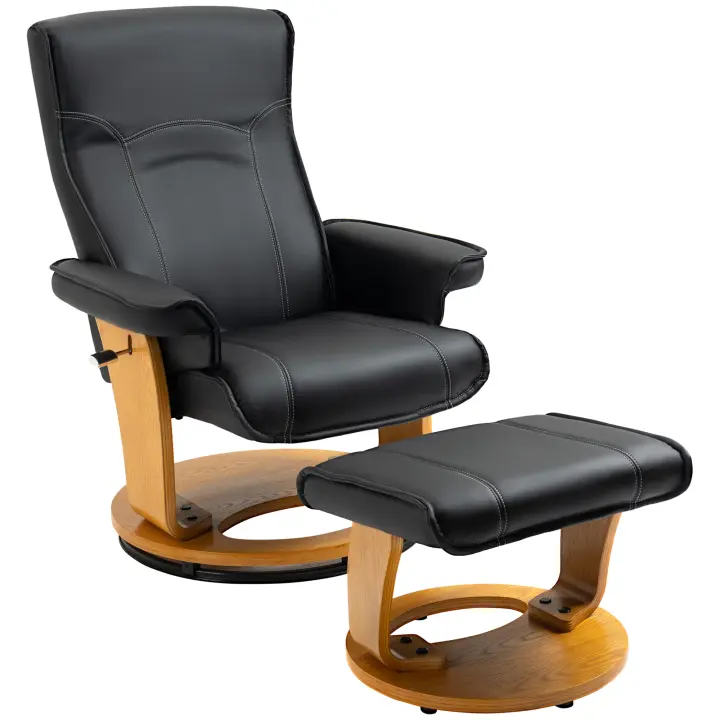 HOMCOM sillón relax con taburete, sillón de televisión con función reclinable, sillón reclinable giratorio, RuHesessel, sillón de TV para salón, hasta 150 kg, cuero sintético, acero, negro - 1