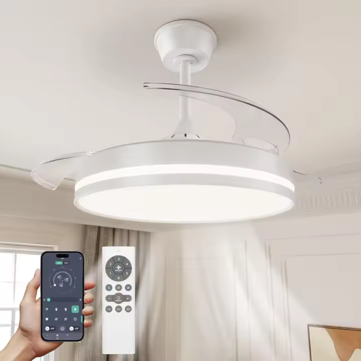 Ventilador de techo with Cutles retráctiles de Luz LED, motor de CC Silencioso, regulable CCT, remote control Y temporizador-Lámpara de ventilador Moderna para Sala de estar y dormitorio (Blanco, 106 cm) - 1