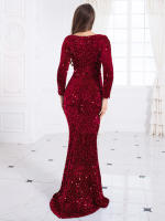 Vestido De Noche Largo En Rojo Real Con Lentejuelas Y Ajuste Corporal Manga Larga Estilo Mermaid Para Fiesta Vestido Sexy Y Club - details 12