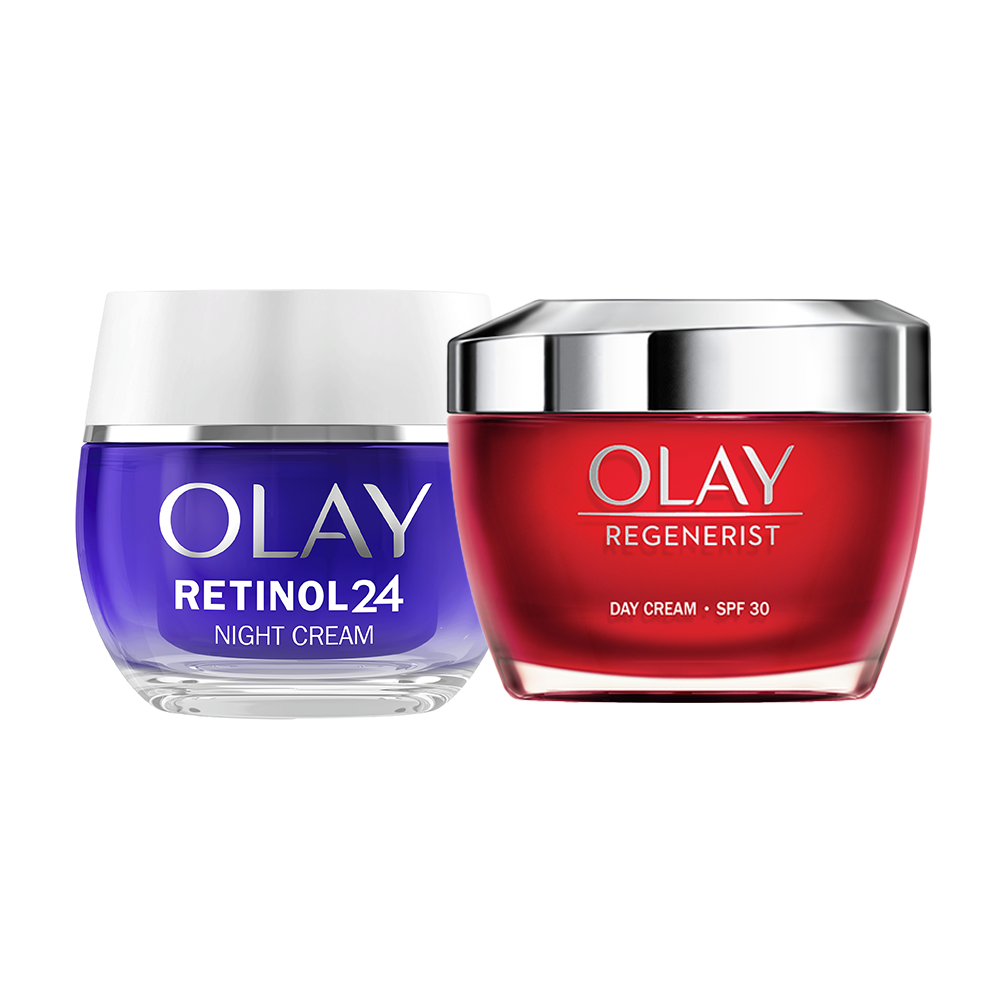Olay Regenerist Retinol24 Crema Hidratante De Noche, Reduce Líneas De Expresión En 14 Noches + Olay Regenerist Crema Hidratante Con SPF 30, Crema De Día Con Niacinamida Y Glicerina  50+50ml