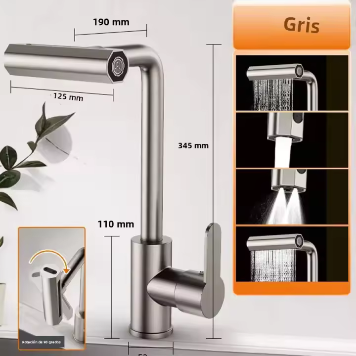 Grifo De Cocina De Acero Inoxidable Con Cabeza De Rociador De Cascada Rotación 360° Agua Caliente Y Fría Mezclador De Fregadero - 1