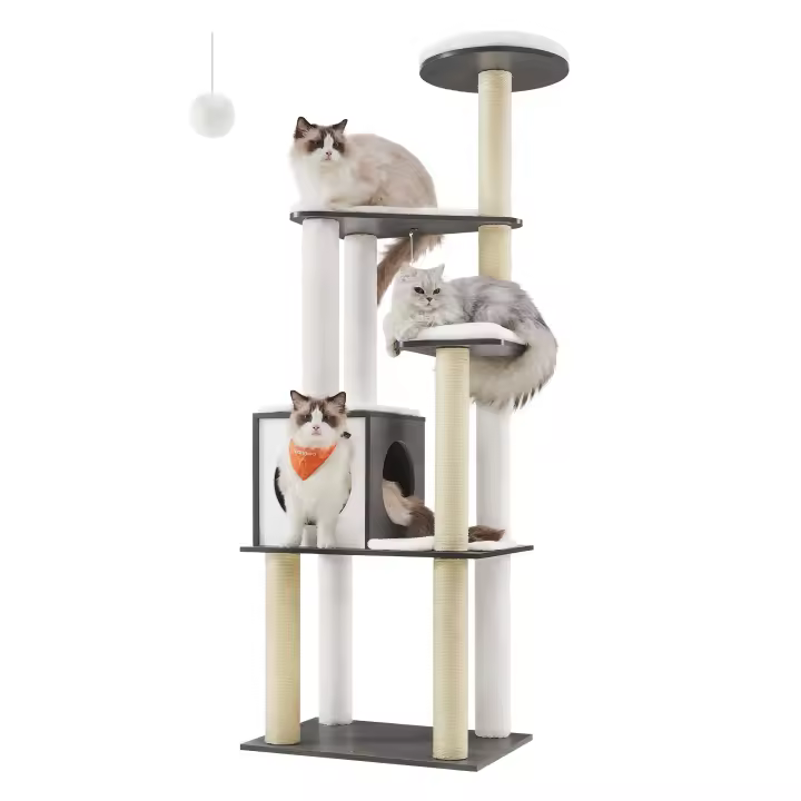 Torre para Gatos de 165 cm con 5 Postes Rascadores, Cojines Lavables, Plataforma y Cueva, Mueble de Interior para Gatos, Gris Niebla - 1