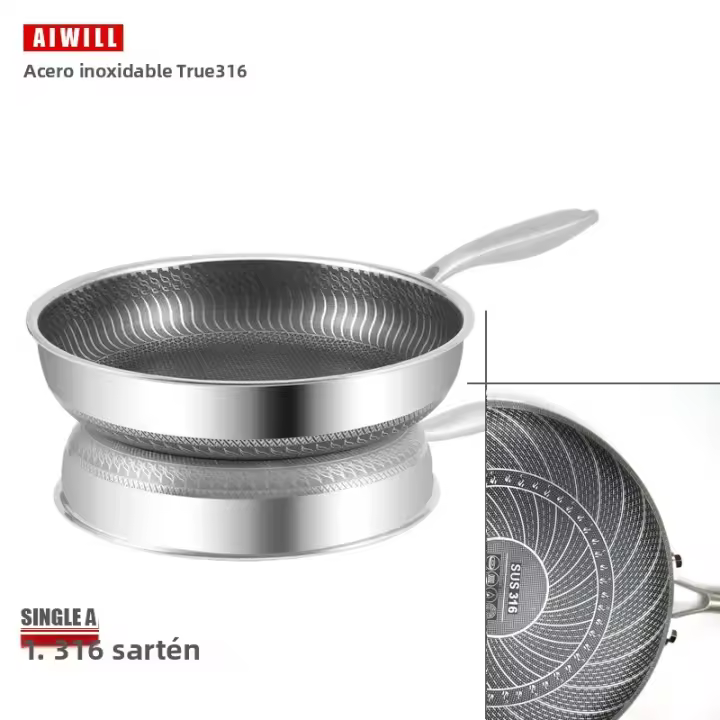 Sartén De Frying AIWILL De Acero Inoxidable 316/304 Calidad Cocina No Adhiere Para Freír Carne Electroestufa Universal 28cm - 1