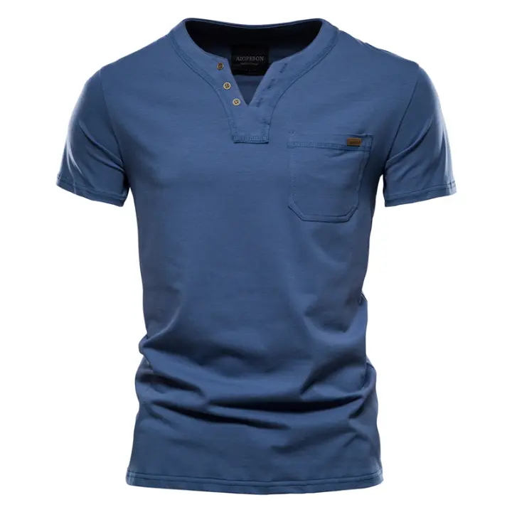 Camiseta De Algodón De Calidad Superior Para Hombre Verano Diseño Sólido V-cuello Ropa Casual Clásica Camiseta Hombre - 1