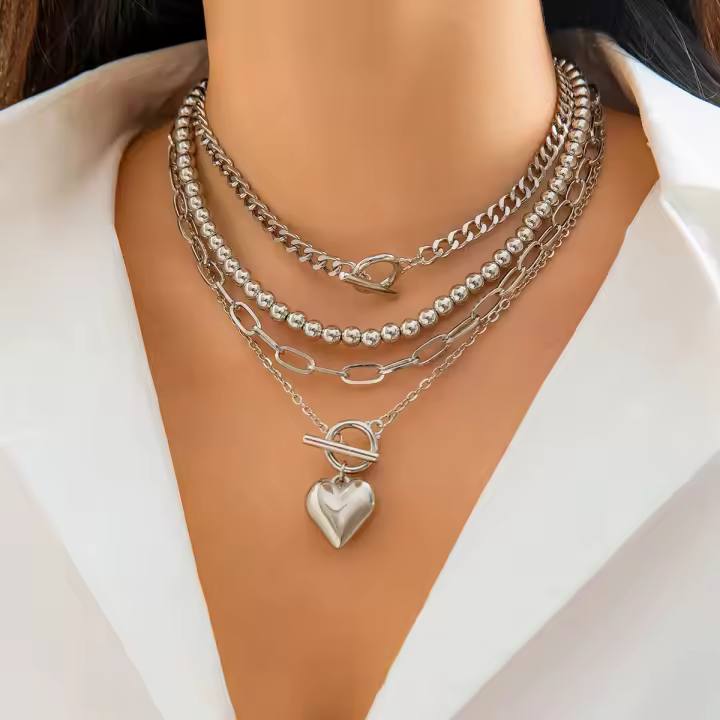 Collar Gargantilla Punk Multicapa Con Pendiente De Corazón Para Mujer Joyería De Fiesta Boda Para Niñas Cadenas De Enlace De Acrílico - 1