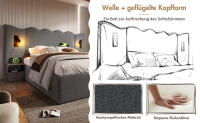 Cama tapizada Twin 160x200 with Luz de Lectura y Carga USB Typo-C, somier de almacenamiento with Marco de listones de Madera maciza y metal, Gris, Linen (with colchón). - details 10