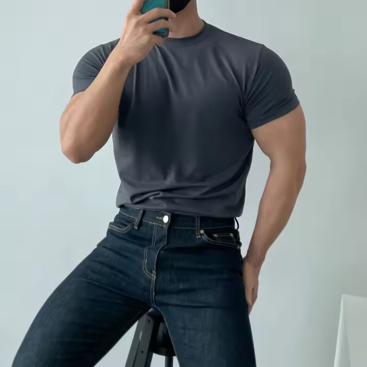 Camiseta De Entrenamiento Para Hombres De Algodón Elástico Alta Calidad Manga Corta Secado Rápido Estilo Casual Color Sólido - 1
