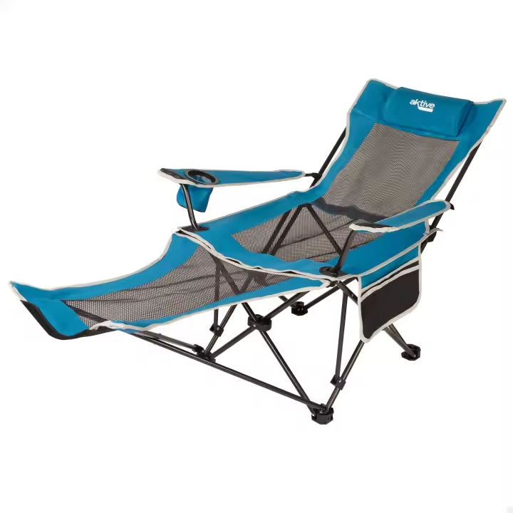 Aktive - Silla tumbona plegable camping con 2 posiciones, 152x54x75 cm, fabricada de acero, textileno y rejilla, con cojín, bolsillo lateral, posavasos y topes antivuelco, máx. 110 kg, incluye funda, sillas plegables - 1