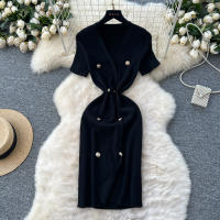 Vestido Tejido REALEFT 2025 Para Mujer Verano Cuello En V Corto Manga Metálico Botones Cintura Alta A-Line Longitud Media - details 3