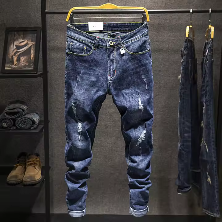 Pantalones Vaqueros Azul Estilo Coreano Para Hombre Verano 2024 Cierre De Cremallera Malla Elástica Moda Sencilla Slim Casual - 1
