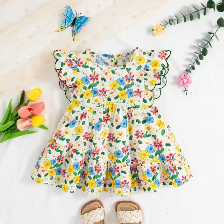 Vestido De Verano Para Bebé Niña Con Estampado Floral Cute Vestido De Princesa Ropa De Bebé Niña Algodón Poliéster Medio Tamaño - 1
