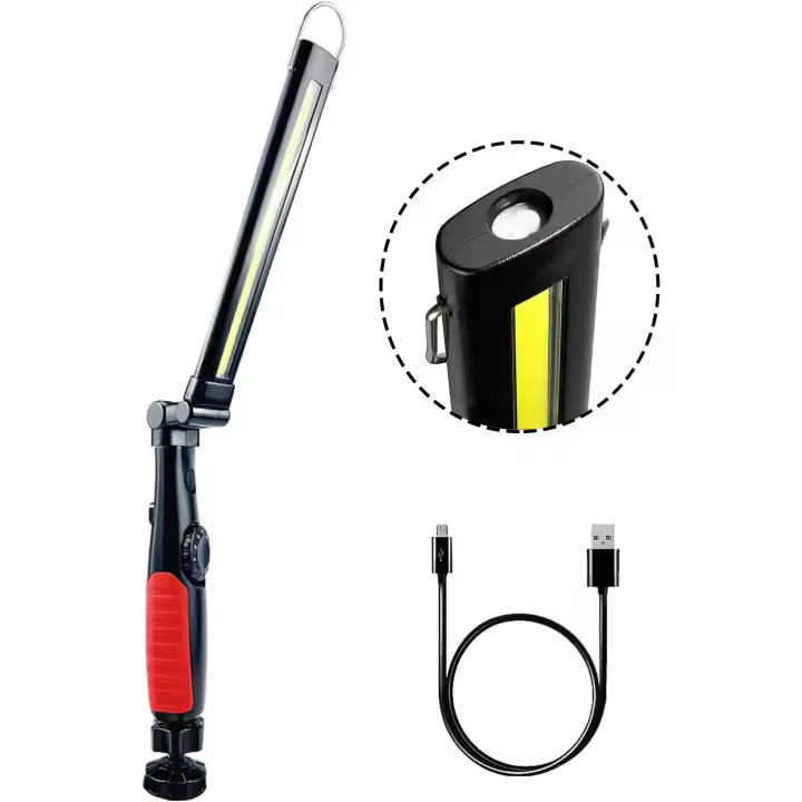 Luz de trabajo COB, linterna LED plegable recargable, luz de inspección con base magnética y gancho para colgar para talleres automotrices, campamentos, emergencias (roja) - 1