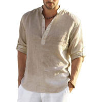 Nueva camiseta de manga larga de lino para hombre, camisa informal holgada de Color sólido, camisa de lino de algodón de manga larga - details 6