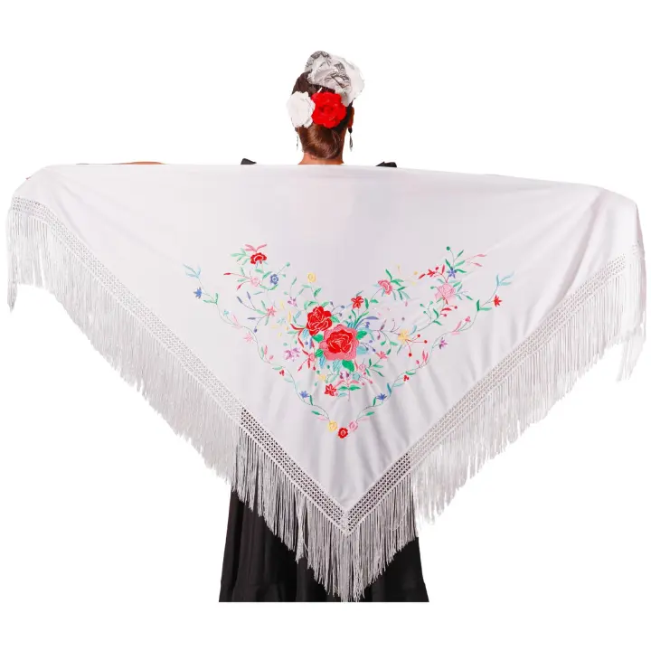 Manton de manila GRANDE borado a una cara, triangular de flamenco o sevillanas (195X95cm) - 1