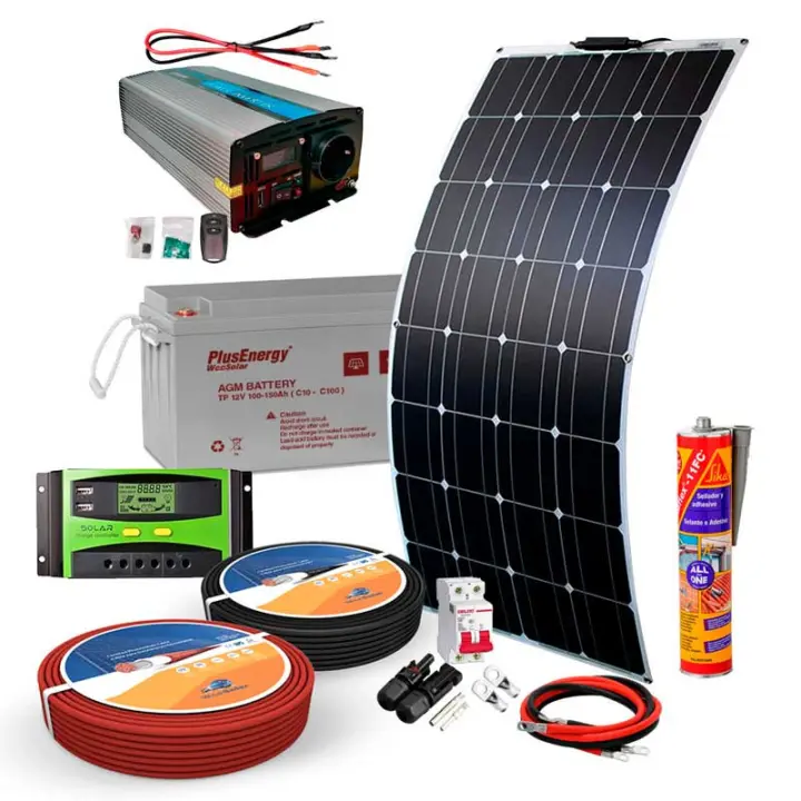 Plusenergy - Kit solar 12V - Panel Solar Flexible 150W Inversor 1000W con Cargador 25A - 1