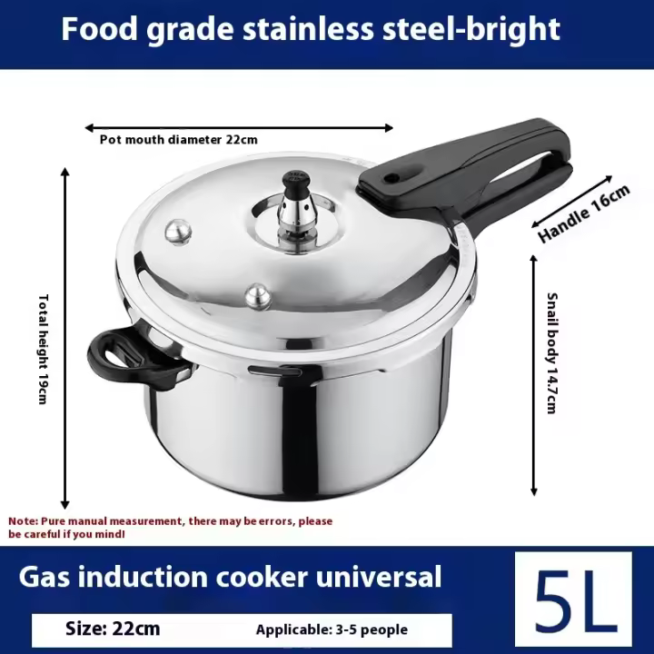 Olla a Presión de Acero Inoxidable de 5L Food Grade, Non-Stick, Compatible con Olla de Inducción de Gas Universal, A Prueba de Explosiones, para Sopa, Arroz, Gachas, Utensilios de Cocina - 1