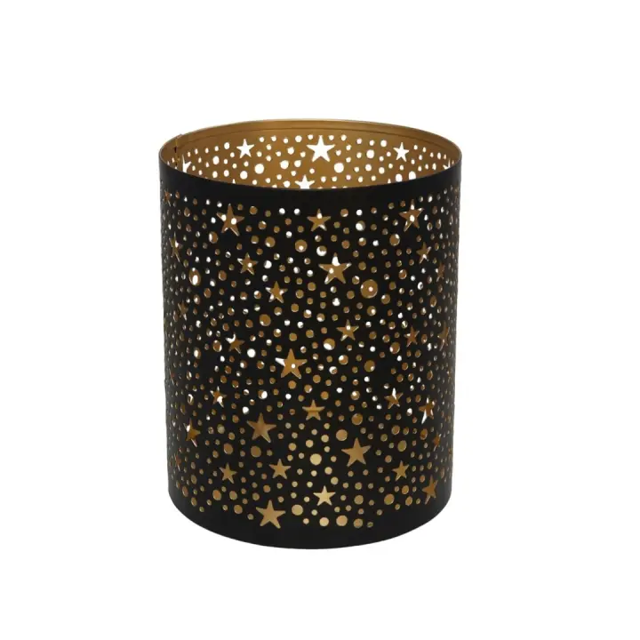 Portavelas Decorativo GISSED - Iluminación Ambiental Sofisticada - Diseño Calado de Estrellas - Metal Negro y Dorado - Estilo Elegante - Regalo Perfecto - 1