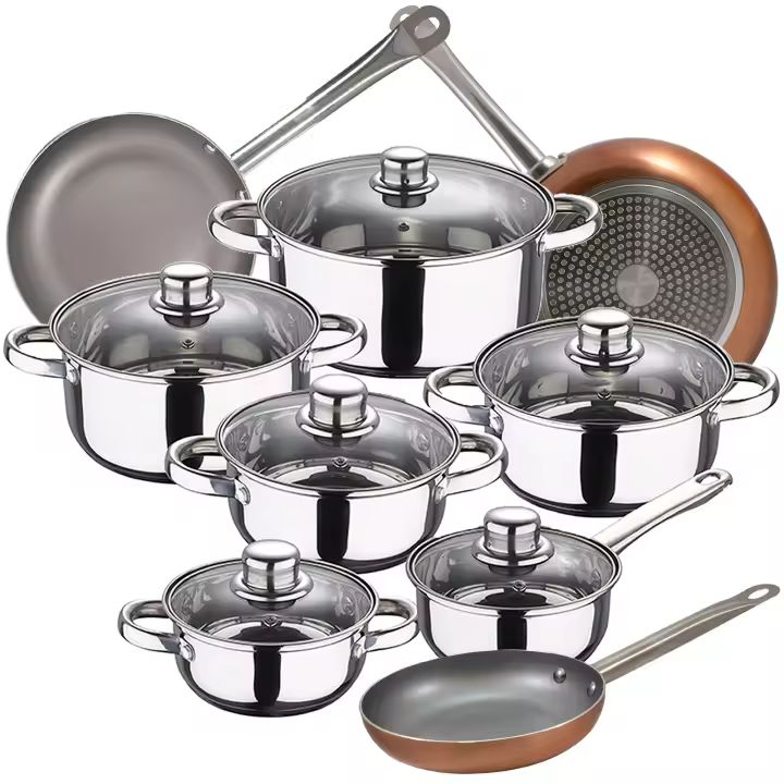 Batería de Cocina San Ignacio 12 Piezas en Acero Inoxidable con Juego de Sartenes Optimum Plus en Aluminio Prensado y Tapas de Vidrio - 1