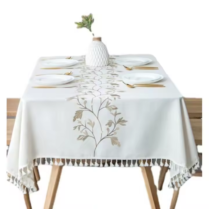 Elegant Linen Tablecloth with Feather Design - Washable - Perfect for Picnics, Camping, Weddings, Holiday Parties, Thanksgiving, Restaurants and Buffets - Rectangular, Machine Woven - 1