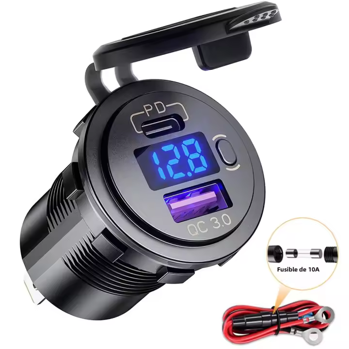 Enchufe De Carga USB 12V 48W Impermeable Con Puerto Tipo C Y QC3.0 Para Coche Barco Marina Camión DaierTek Con Voltímetro LED Azul - 1