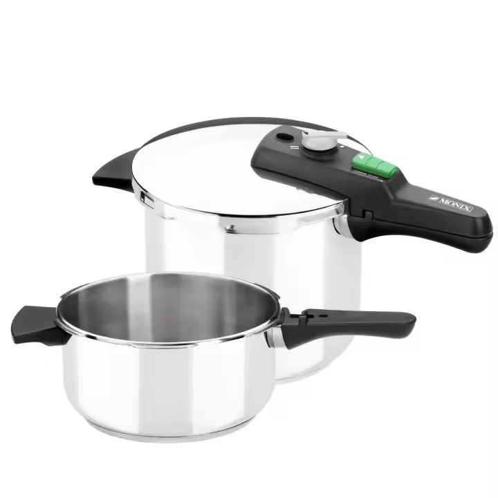 Monix Quick - Set Olla de Cocina a Presión Express Rápida, Duo 4 + 6 Litros, Acero Inoxidable, Apta Gas, Vitrocerámica e Inducción - 1