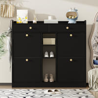 Zapatero Negro Mate Moderno | 4 Puertas Batientes + 2 Cajones + 3 Estantes Abridos| Organización Multinivel | Diseño Compacto 110x26x100 cm | Ideal para Pasillos, Entradas y Espacios Pequeños | Estilo Minimalist Elegant - details 0