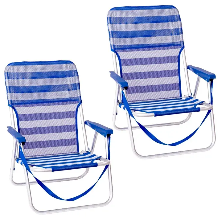 Lola Home Pack de 2 sillas de playa fijas plegables con asiento bajo azul y blanco de aluminio y textileno de 54x40x71 cm - 1