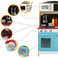 WOOMAX - Cocina de madera 4 en 1 con heladería y supermercado, juguete interactivo con luz y sonido, 60x40x109 cm, 31 piezas y accesorios para cocinar y vender, ideal para juegos de rol, +3 años, juguete educativo y multifuncional con detalles realistas - details 2