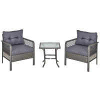 Outsunny Conjunto de Muebles de Ratán 3 Piezas de Jardín con 2 Sillones 65x66x75 cm y Mesa de Vidrio Templado 50x50x50 cm con Cojines Acolchados para Terraza Patio Exterior Gris - details 0