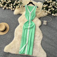 Vestido Largo Sin Mangas De Verano Para Mujer REALEFT V-neck Cintura Imperio Slim Alineado Hasta La Cintura De Poliéster - details 11