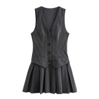 New Women's Wide Pleated Short Dress V-Neck Sleeveless Vest Stripe Mini Dress Fashion Office Clothes Junior Size A-Line Silhouette - details 0