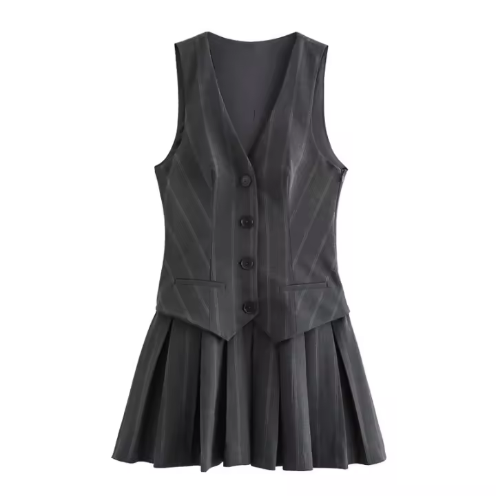 New Women's Wide Pleated Short Dress V-Neck Sleeveless Vest Stripe Mini Dress Fashion Office Clothes Junior Size A-Line Silhouette - 1